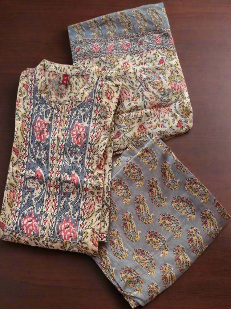 Beige Floral Printed Cotton Kurta with Pant and Dupatta Set