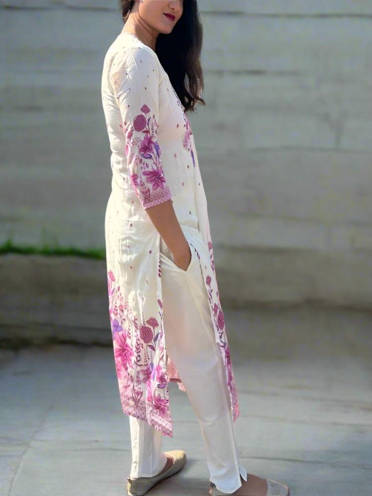 White and Purple Floral Printed Kurta Pant with Dupatta Set