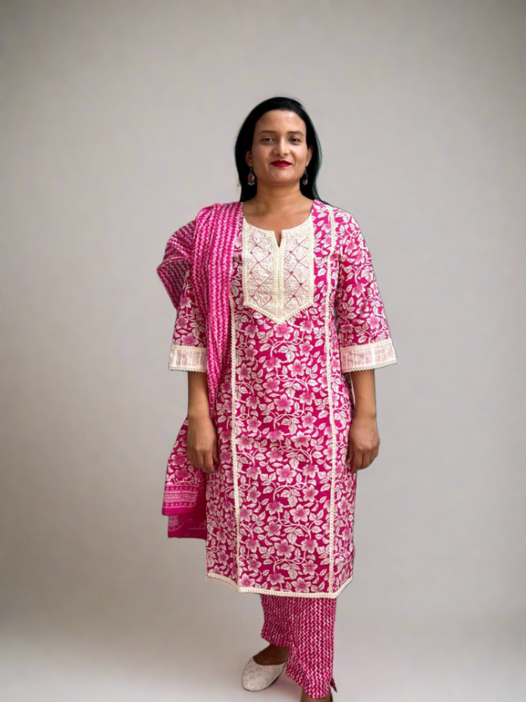 Pink Thread work Kurta & Pant with Dupatta