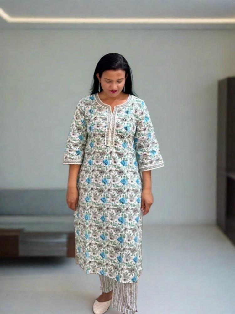 Greenish Grey Printed Kurta with Pants