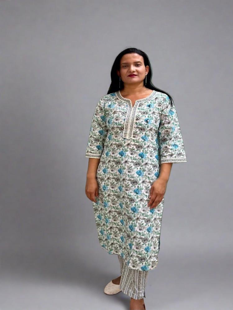 Greenish Grey Printed Kurta with Pants