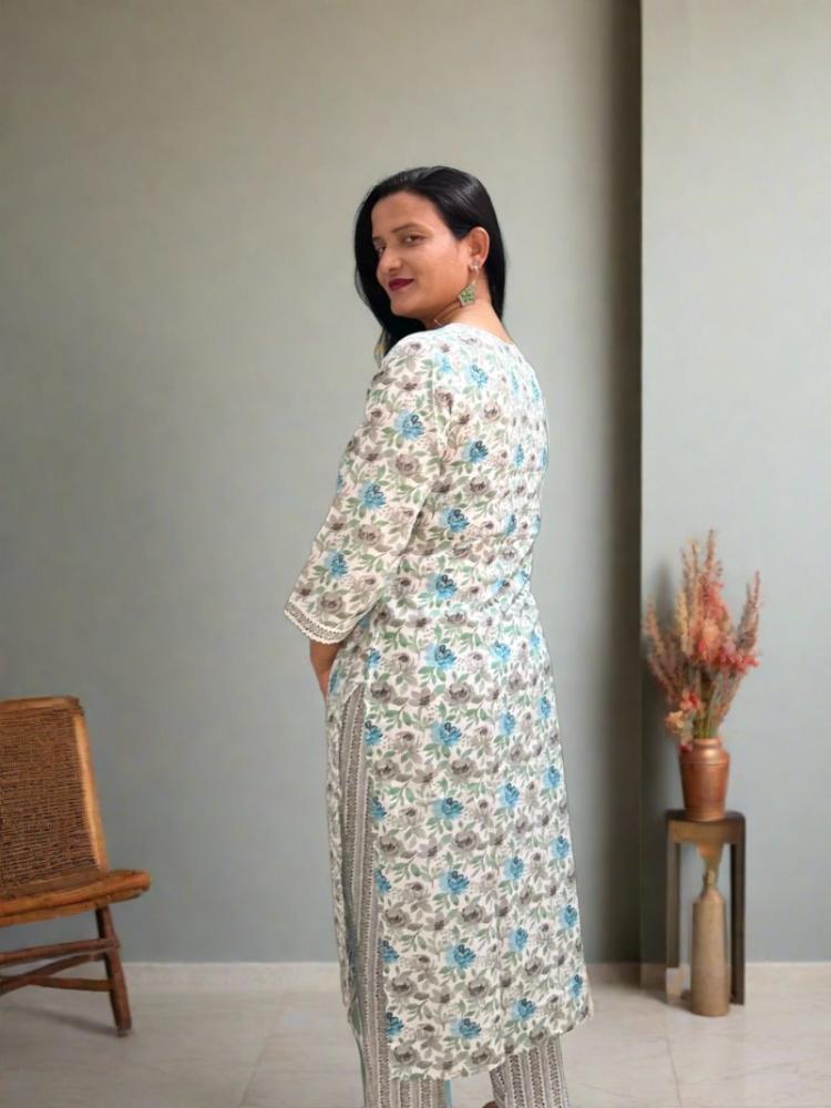 Greenish Grey Printed Kurta with Pants