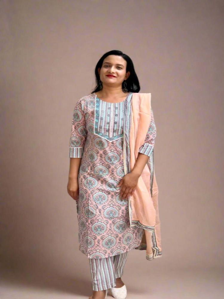 Peach Colour Printed Kurta with Pant and Dupatta