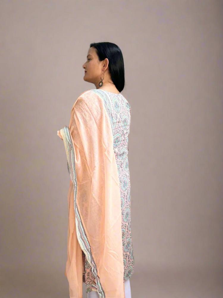 Peach Colour Printed Kurta with Pant and Dupatta