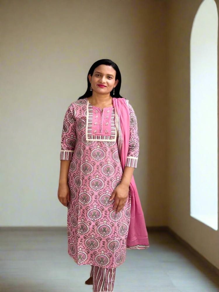 Flamingo Pink Printed Kurta with Pant and Dupatta