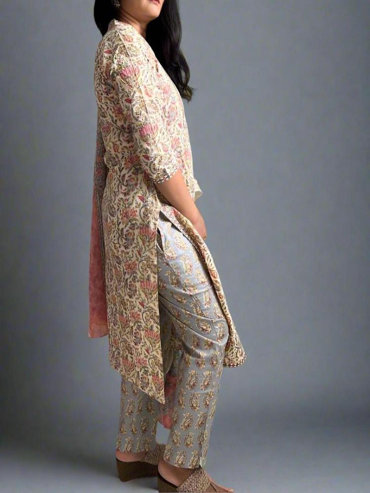 Beige Floral Printed Cotton Kurta with Pant and Dupatta Set