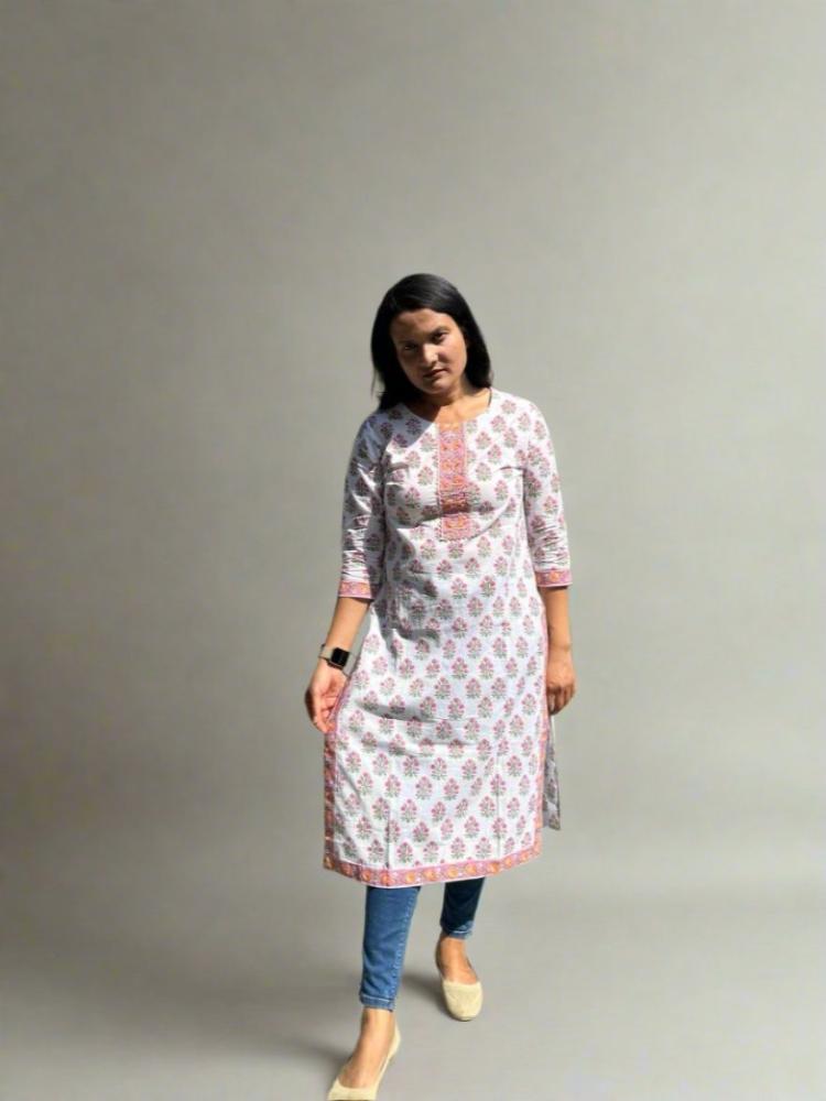 White Cotton Hand Block Printed Kurta