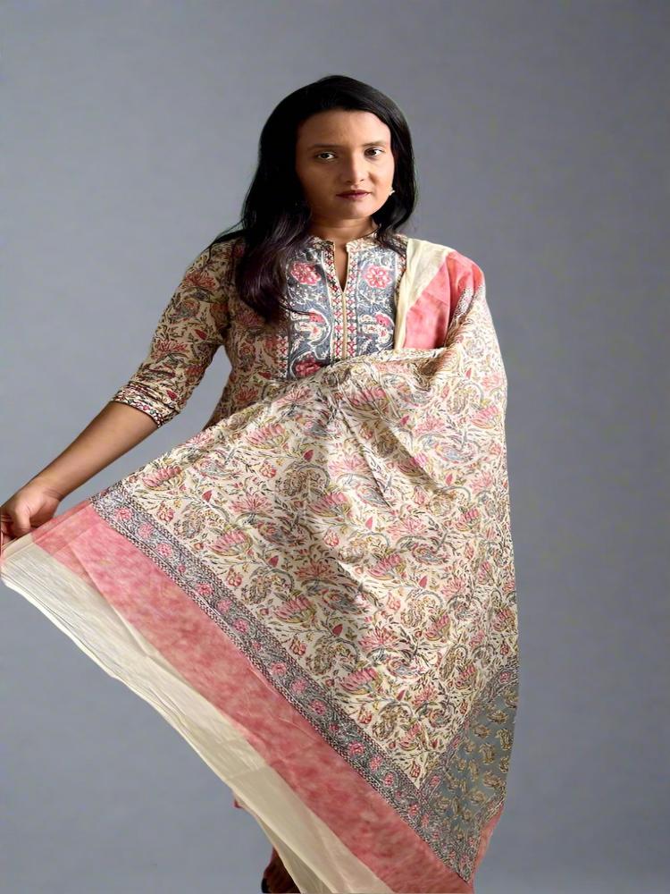 Beige Floral Printed Cotton Kurta with Pant and Dupatta Set