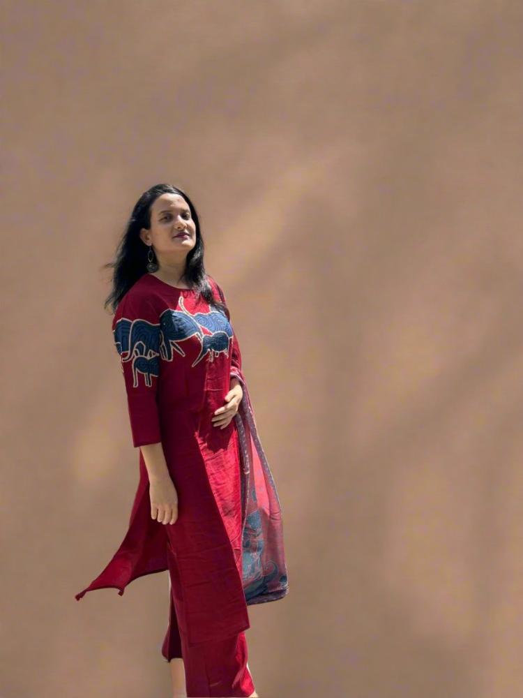 Elephant print Maroon kurta & Palazzo with Dupatta