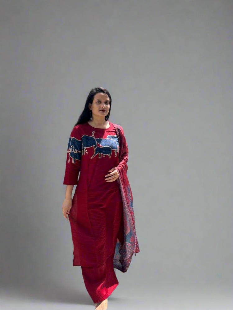 Elephant print Maroon kurta & Palazzo with Dupatta