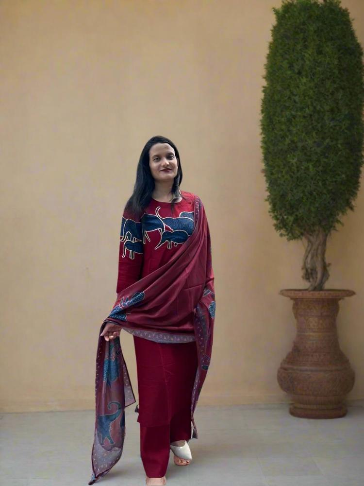 Elephant print Maroon kurta & Palazzo with Dupatta