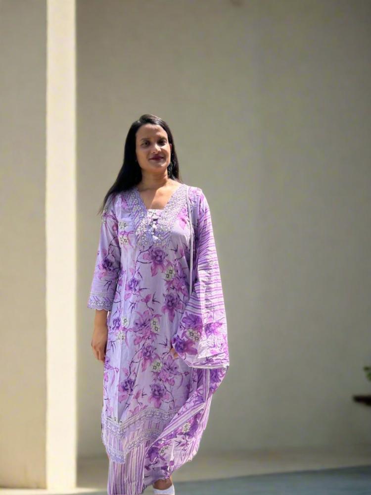 Lavender Cotton Printed Suit Set