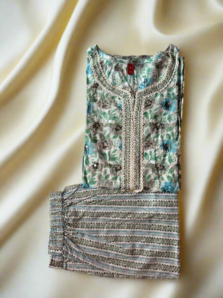 Greenish Grey Printed Kurta with Pants