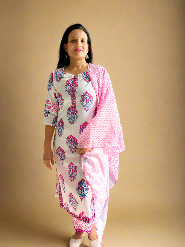 Hand block Printed white Suit Set