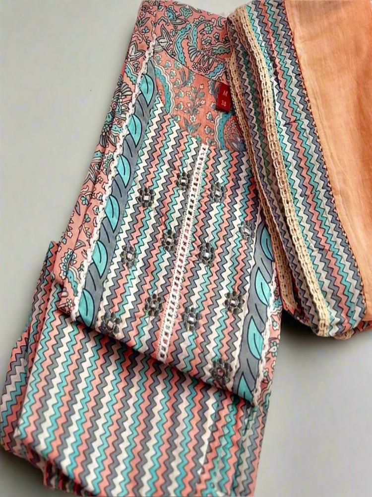 Peach Colour Printed Kurta with Pant and Dupatta
