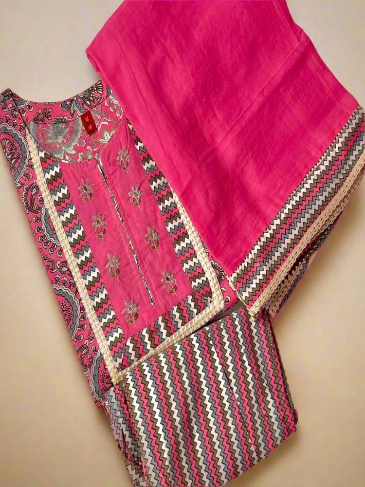 Flamingo Pink Printed Kurta with Pant and Dupatta