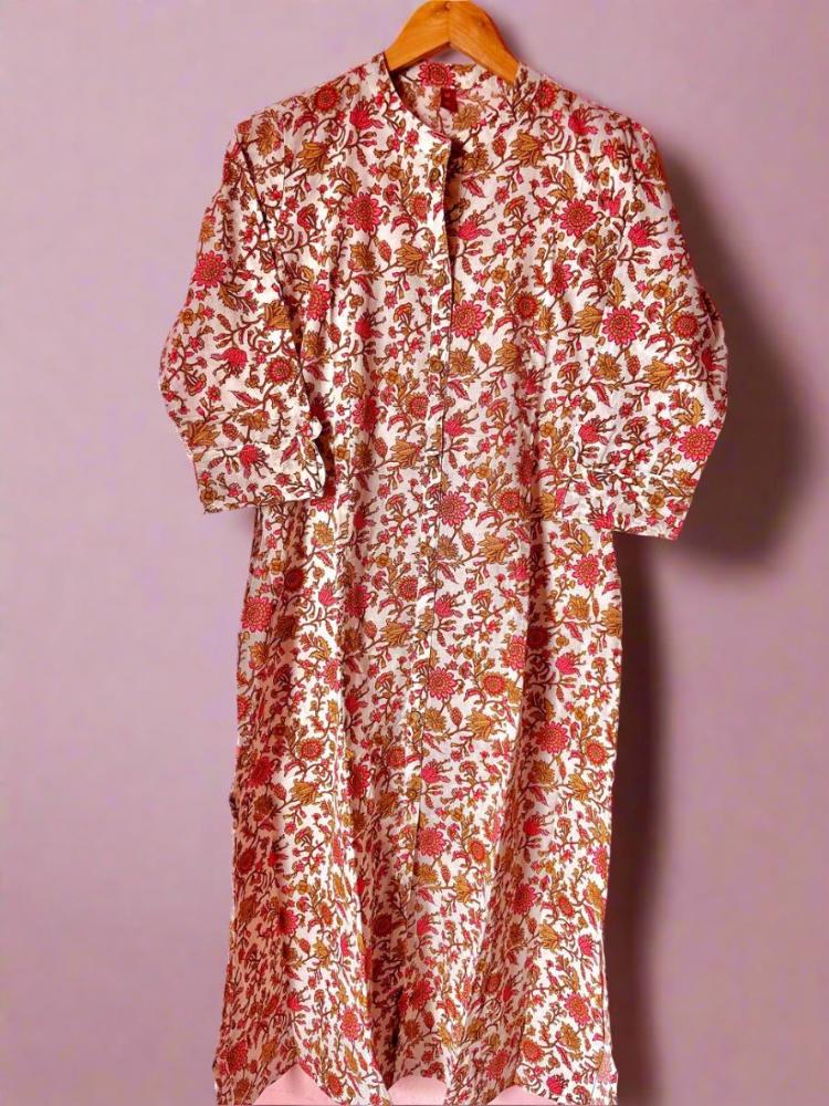 Floral Printed Beige Cotton Kurta