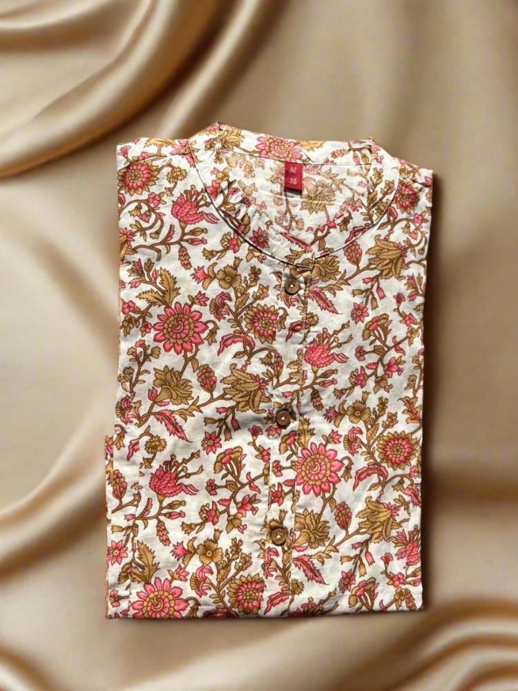 Floral Printed Beige Cotton Kurta