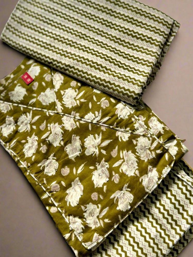 Olive Green Floral Printed Kurta & Trouser with Dupatta set