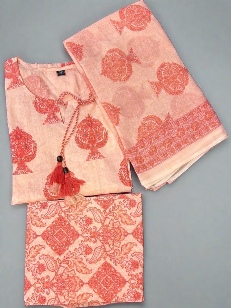 Peach Hand block Printed Kurta with Pant and Dupatta set