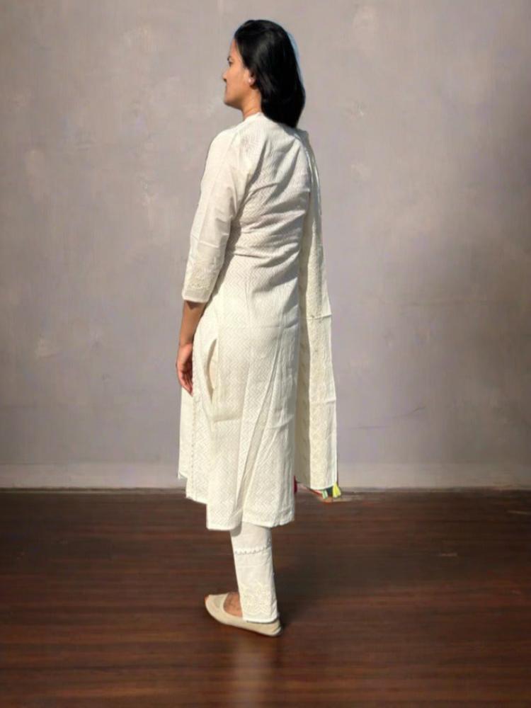 White Embroidered Kurta Pant with Dupatta Set