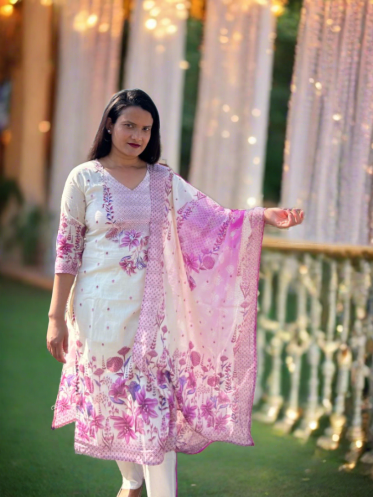 White and Purple Floral Printed Kurta Pant with Dupatta Set