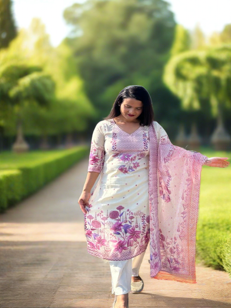 White and Purple Floral Printed Kurta Pant with Dupatta Set