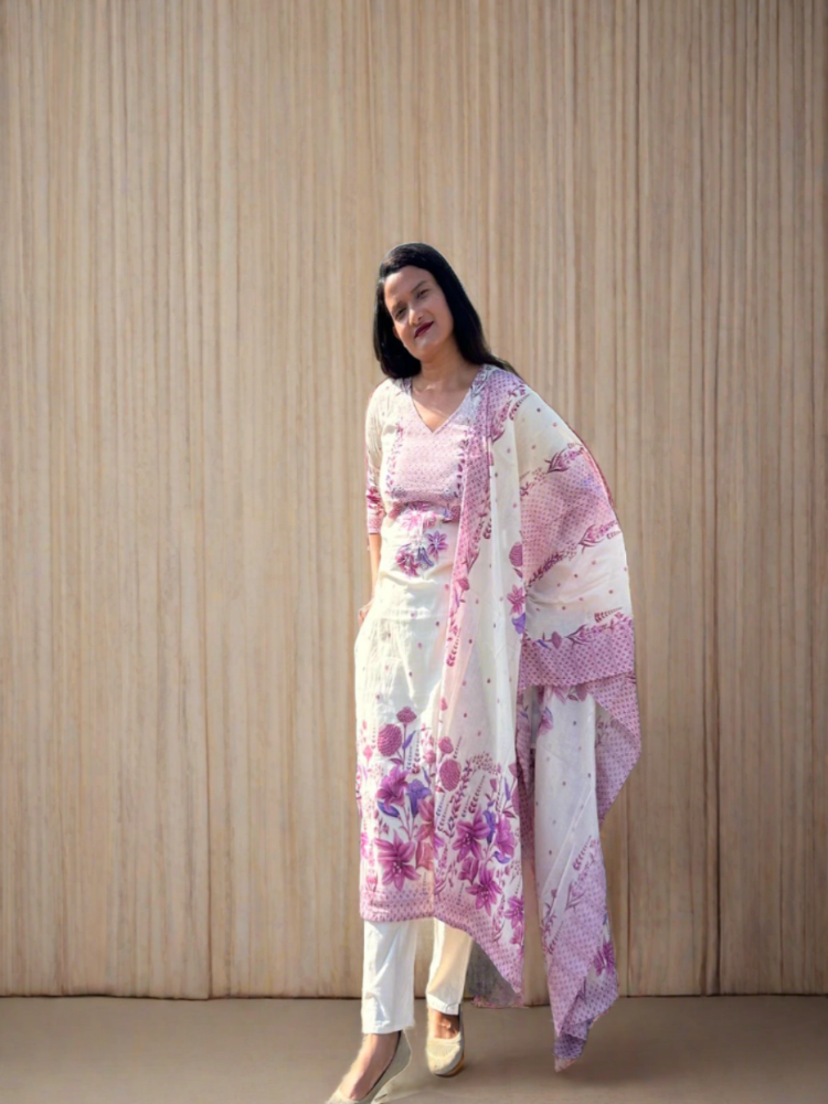 White and Purple Floral Printed Kurta Pant with Dupatta Set