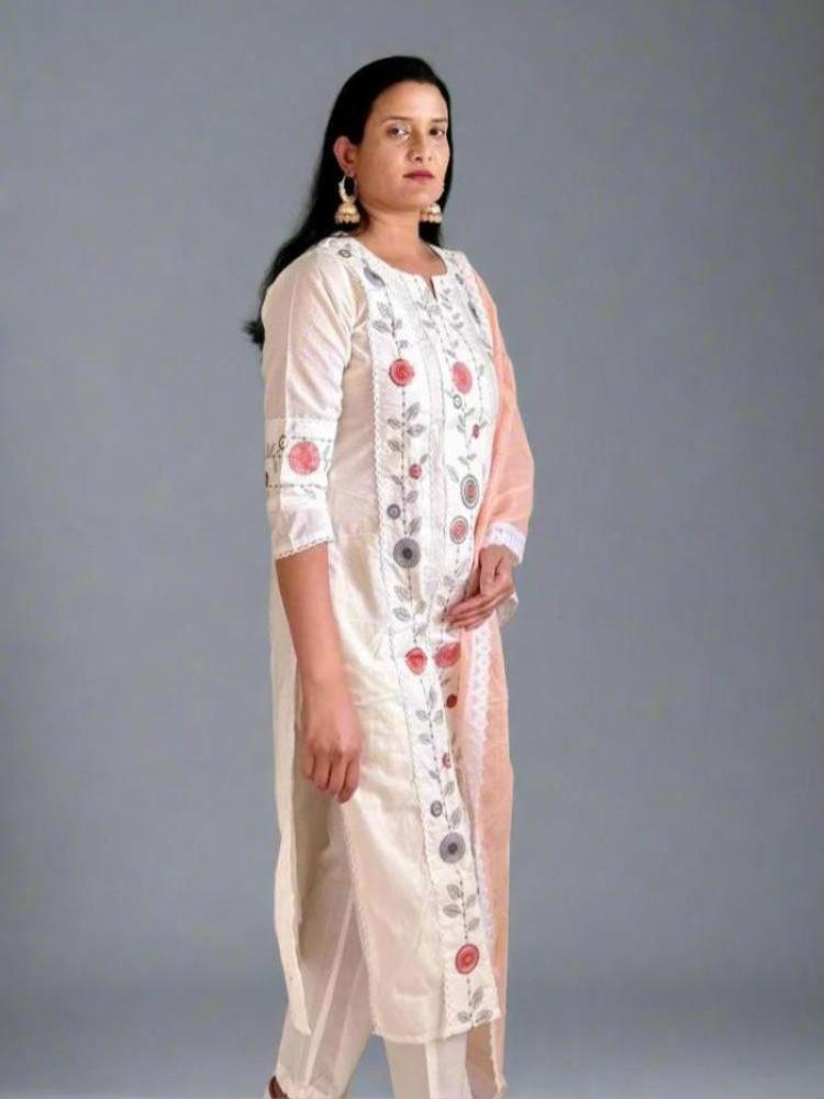 Peach & White Thread work Suit Set