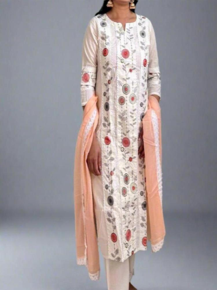 Peach & White Thread work Suit Set