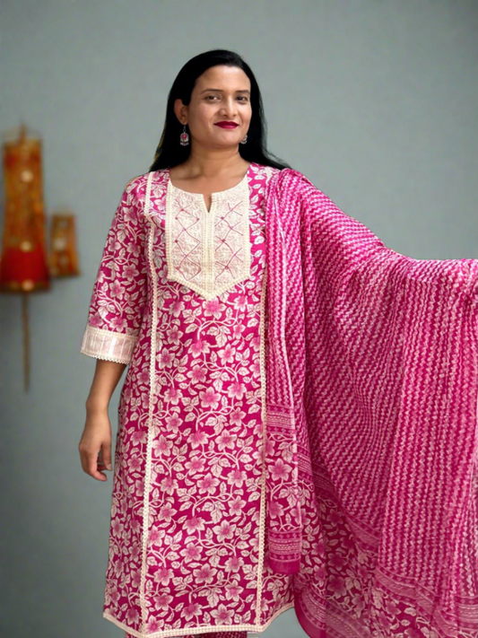 Pink Thread work Kurta & Pant with Dupatta