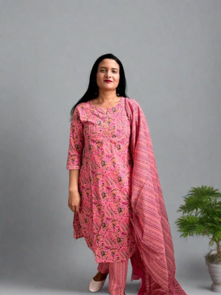 Salmon Pink Printed Straight Kurta & Pant with Dupatta