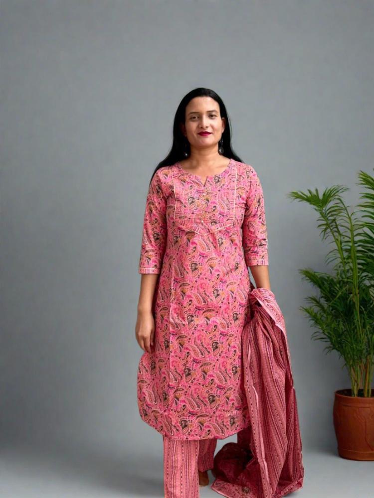 Salmon Pink Printed Straight Kurta & Pant with Dupatta