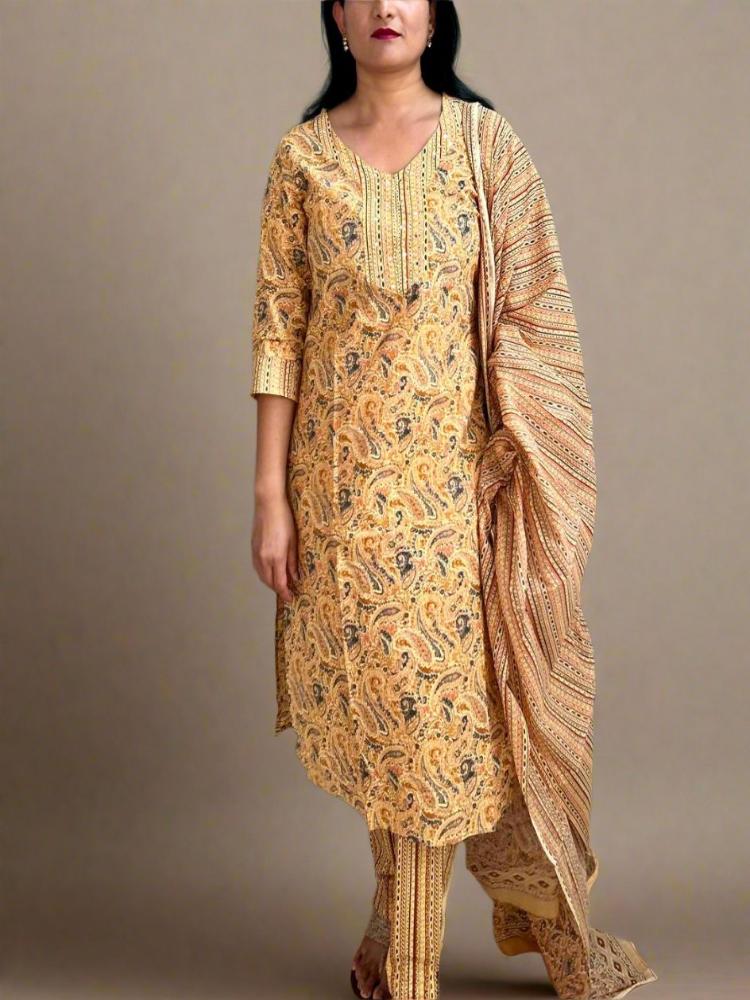 Mustard Yellow Printed Kurta & Pant with Dupatta Set