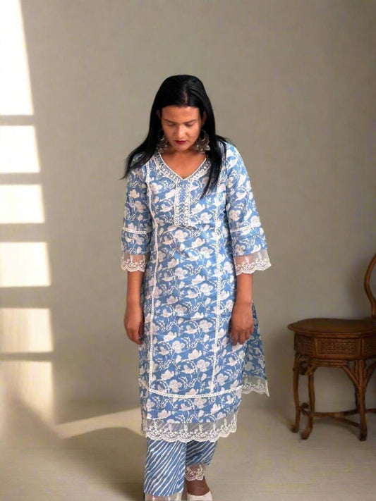 Sky Blue Printed Lace work Kurta & Trouser