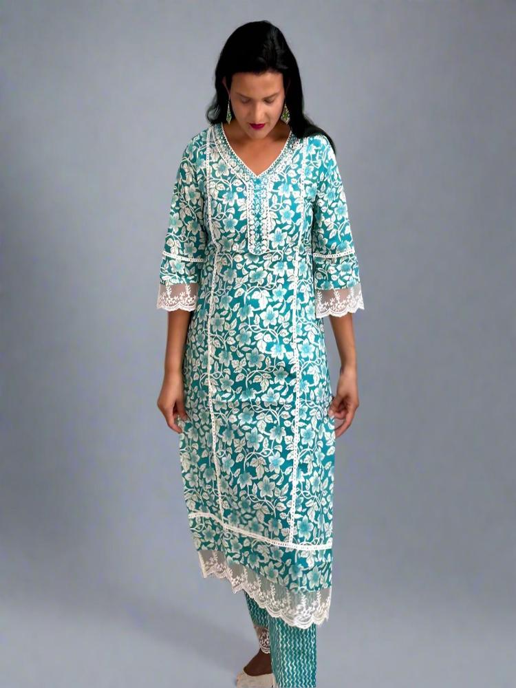 Turquoise Printed Kurta & Trouser