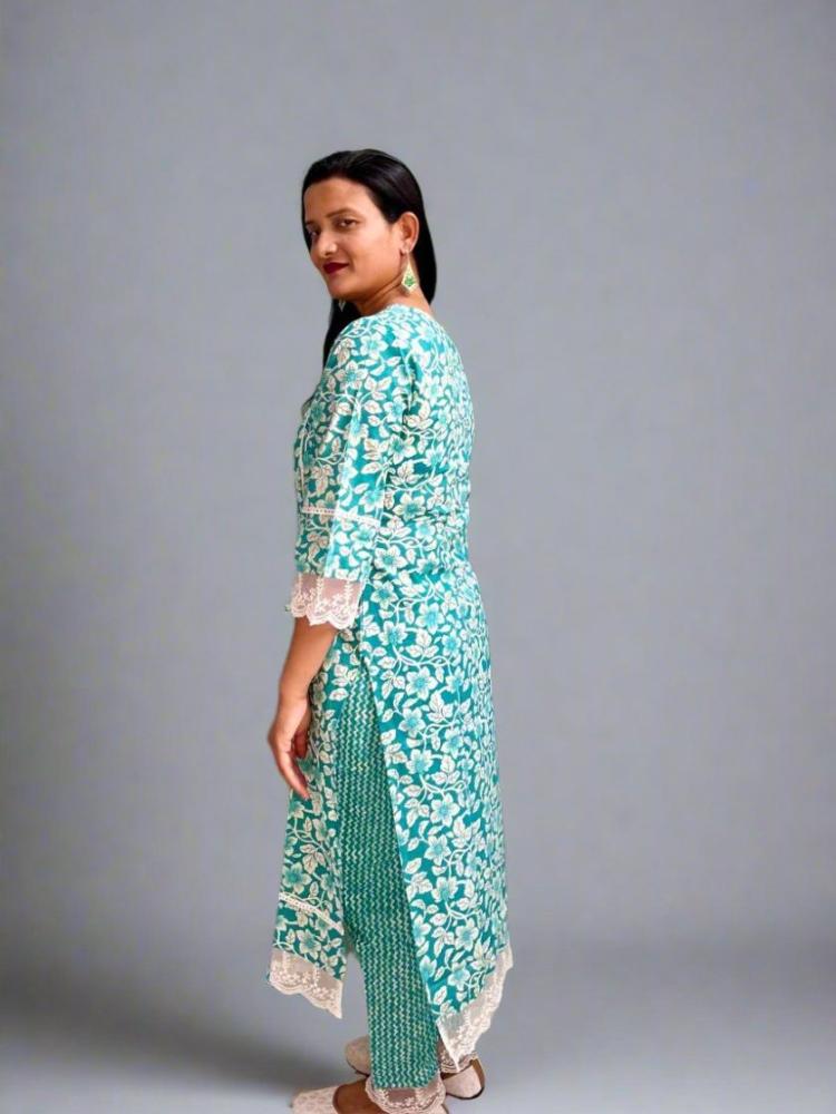 Turquoise Printed Kurta & Trouser