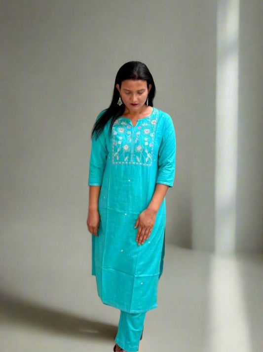 Turquoise  Embroidered work Kurta & Trouser