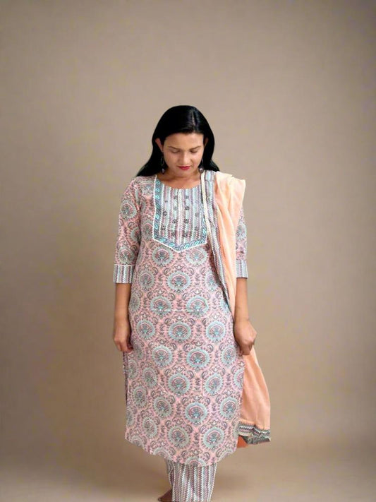 Peach Colour Printed Kurta with Pant and Dupatta