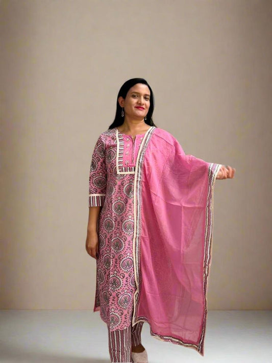 Flamingo Pink Printed Kurta with Pant and Dupatta