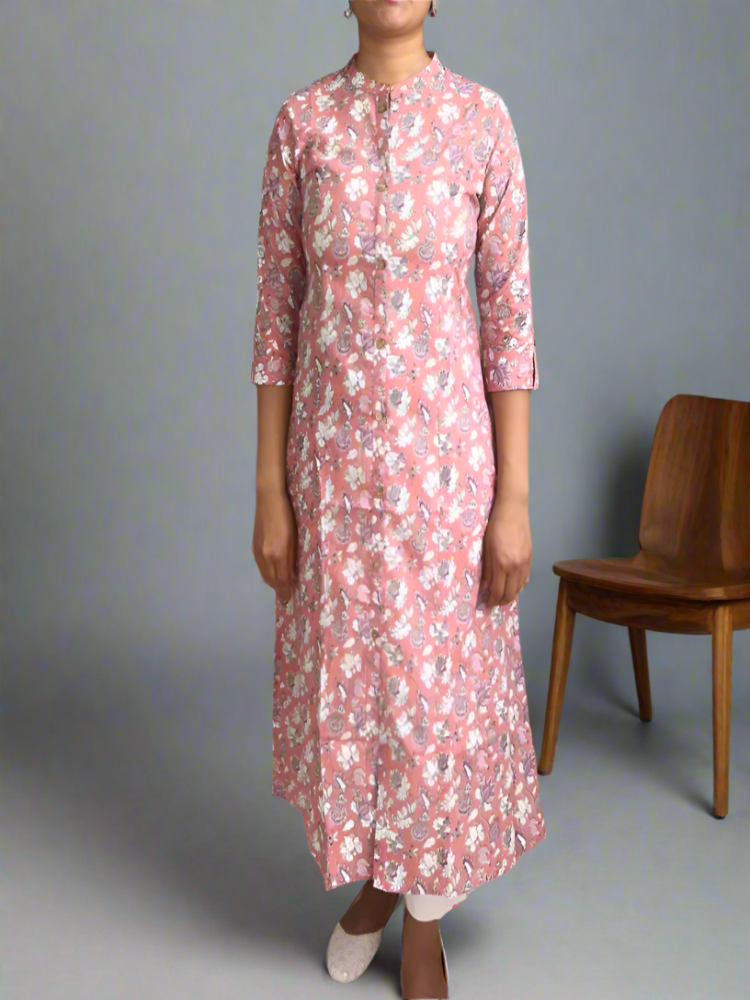 Bubblegum Pink Floral Printed Cotton Kurta