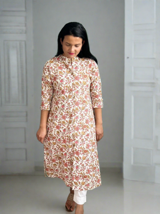 Floral Printed Beige Cotton Kurta