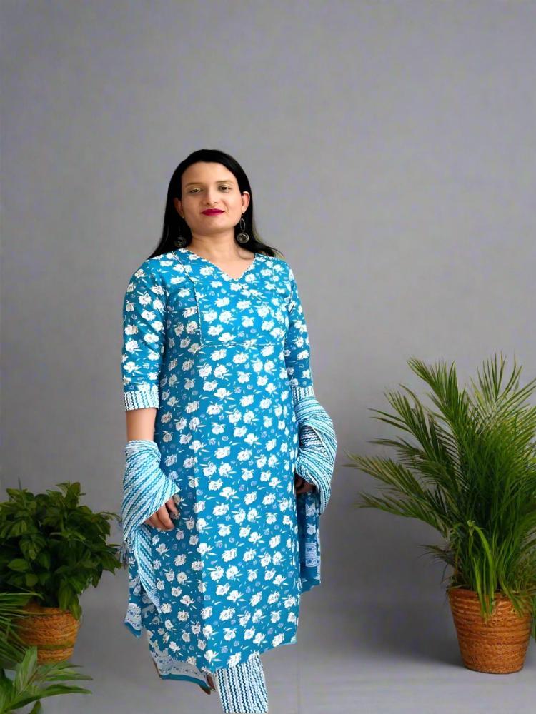 Floral Cobalt Blue Kurta & Pant with Dupatta set