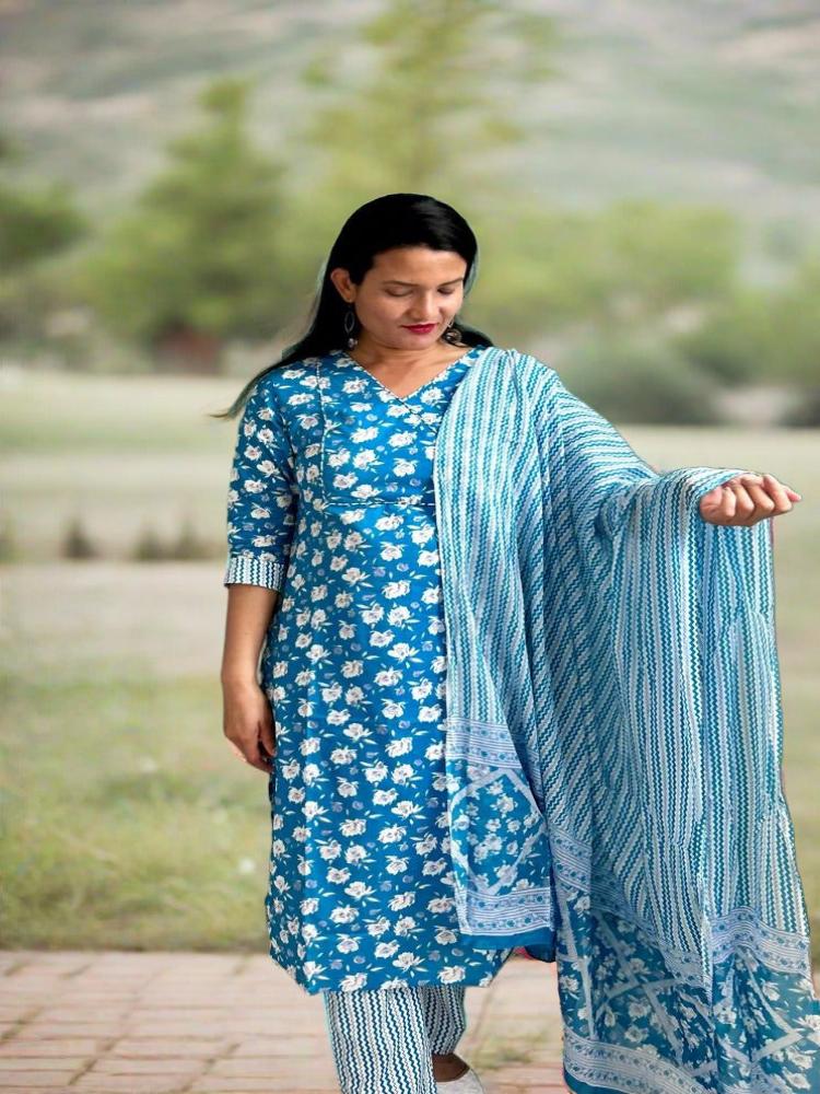 Floral Cobalt Blue Kurta & Pant with Dupatta set