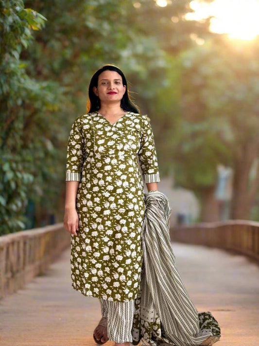 Olive Green Floral Printed Kurta & Trouser with Dupatta set