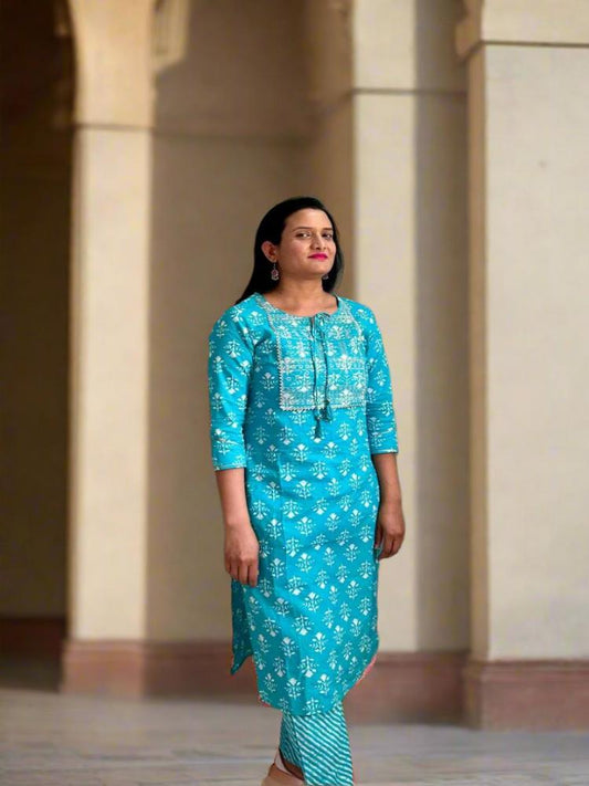 Blue Hand block printed Kurta & Pants