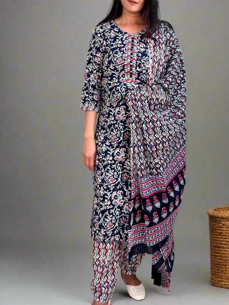 Indigo Blue Printed Cotton Kurta & Pant with Dupatta