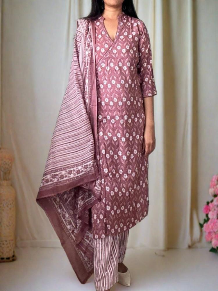 Dusty Pink Printed Cotton Kurta and Pant with Dupatta Set