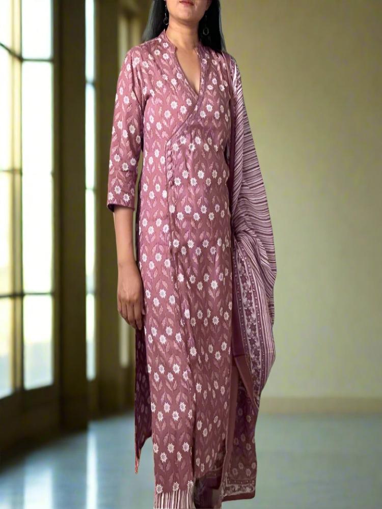 Dusty Pink Printed Cotton Kurta and Pant with Dupatta Set