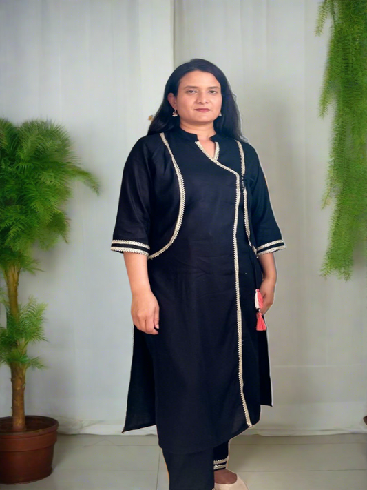 Rayon Angrakha Black Kurta and Pant Set